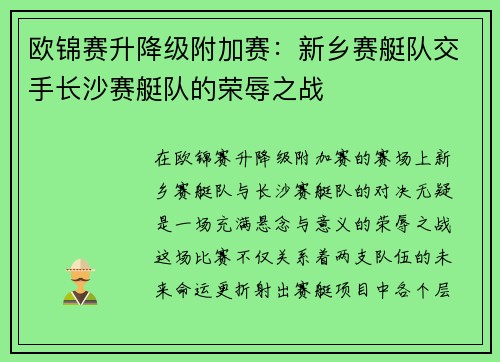 欧锦赛升降级附加赛：新乡赛艇队交手长沙赛艇队的荣辱之战